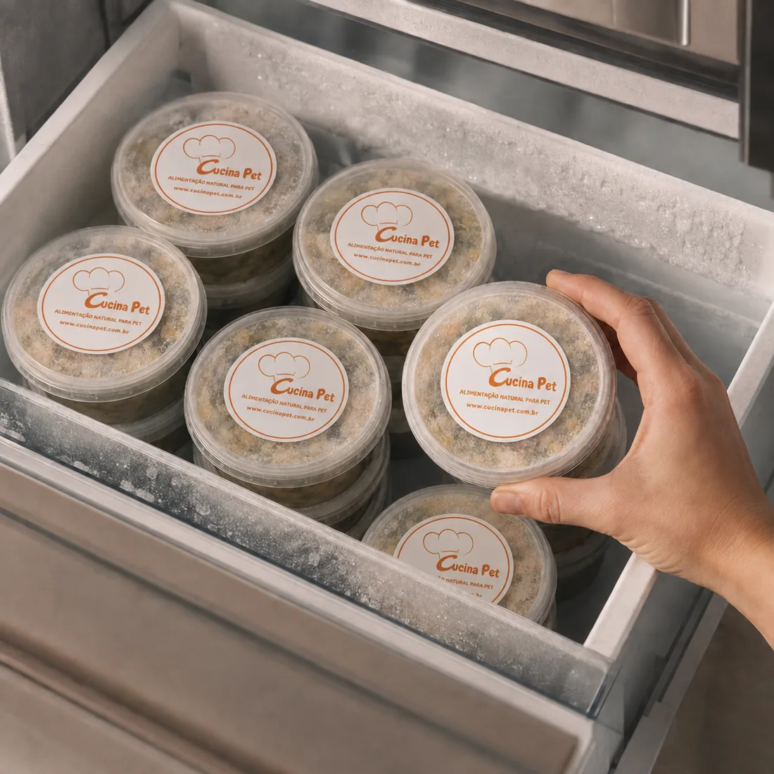 Gaveta de freezer cheia de potes da Cucina Pet, com uma mão tirando um deles