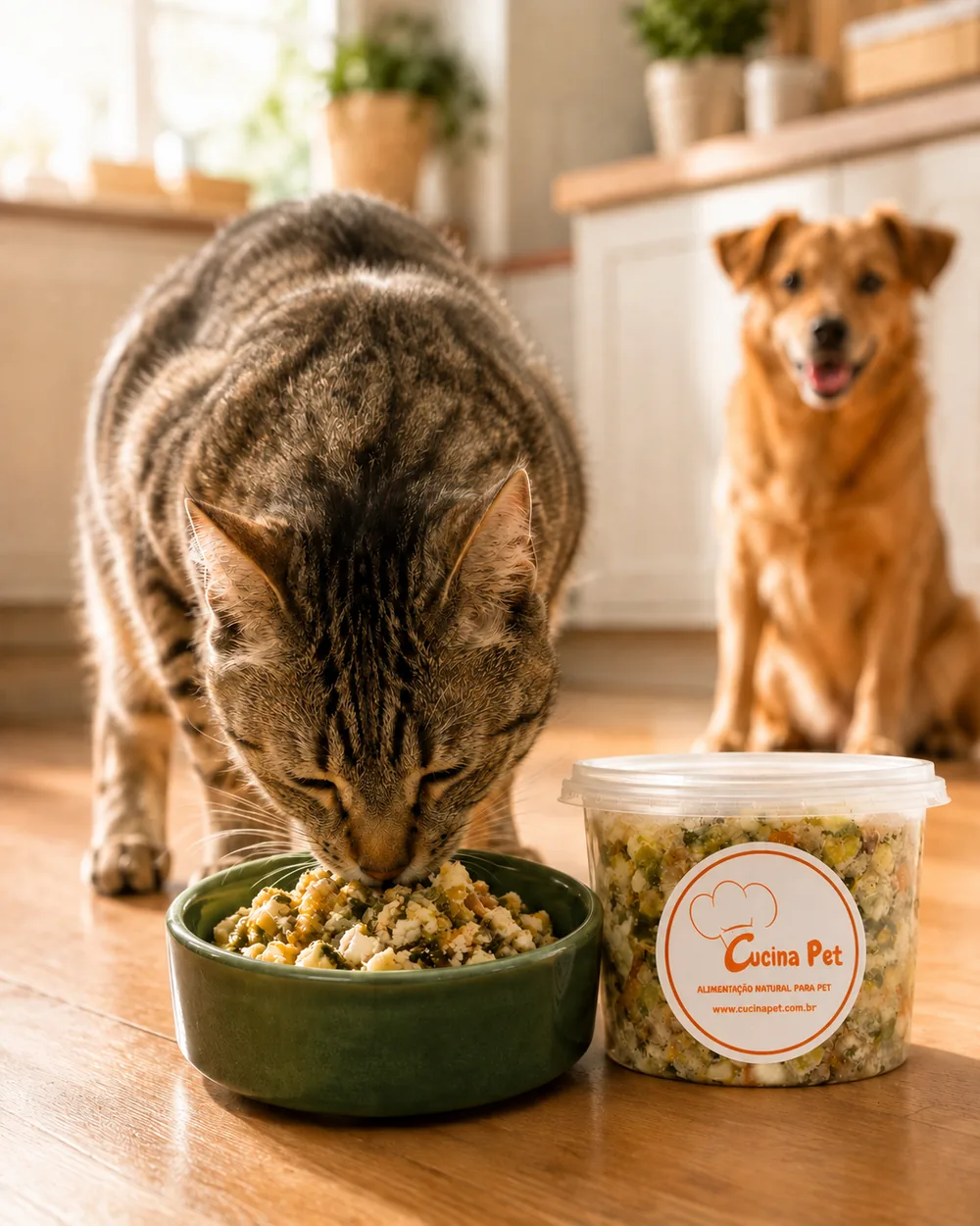 Gato comendo de uma tigela verde, com um cão ao fundo e um pote da Cucina Pet ao lado