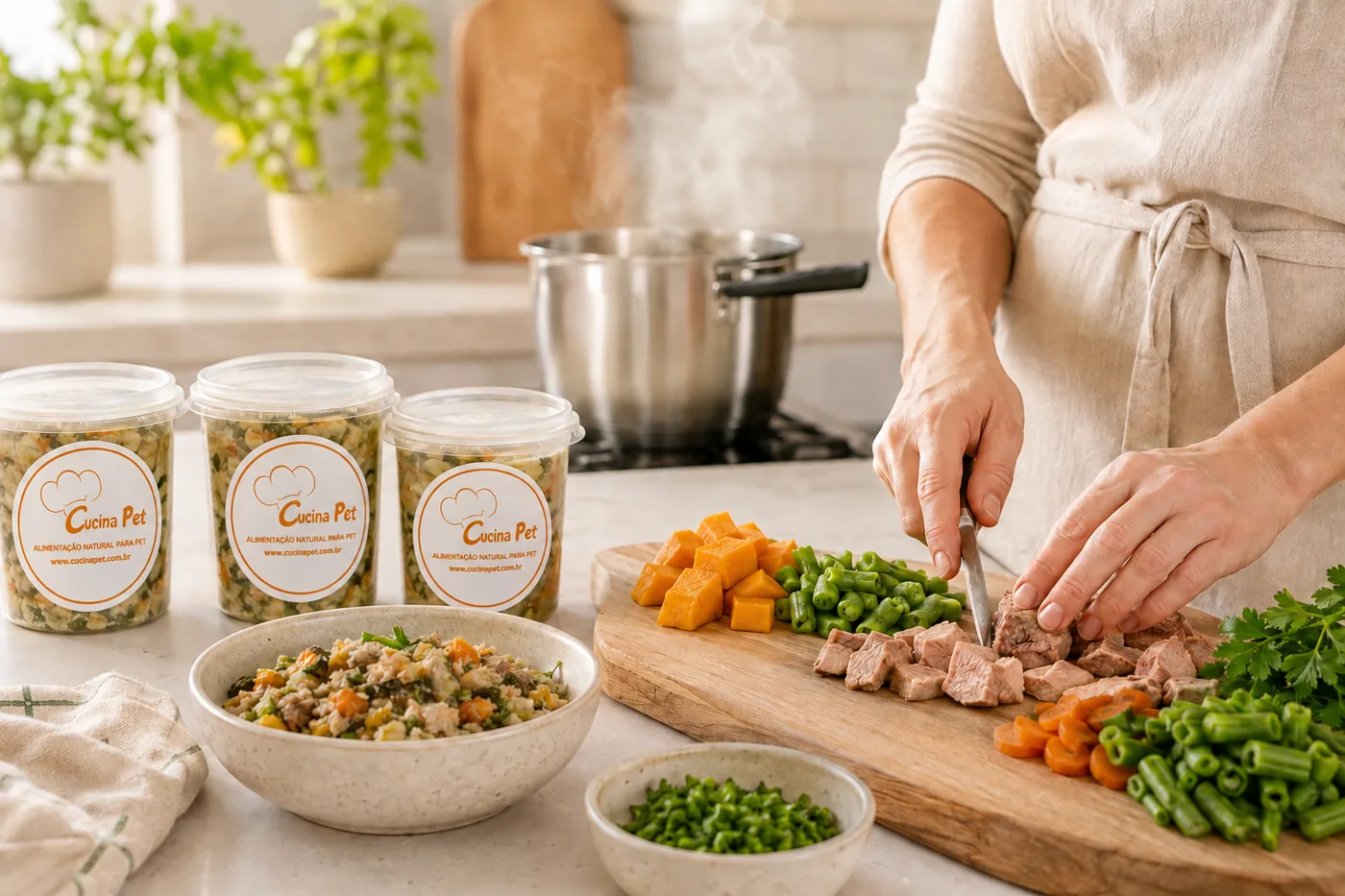 Mãos cortando carne numa tábua, com abóbora, vagem e cenoura já picadas ao lado, a panela no fogo e três potes da Cucina Pet na bancada