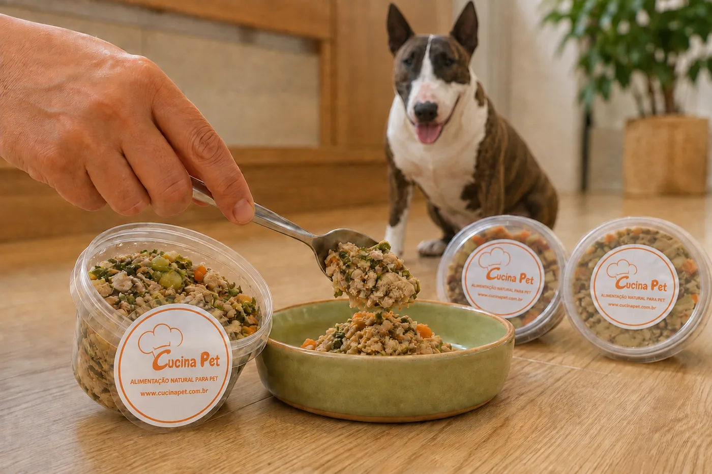 Colher servindo a comida do pote numa tigela, com o bull terrier da casa esperando ao fundo